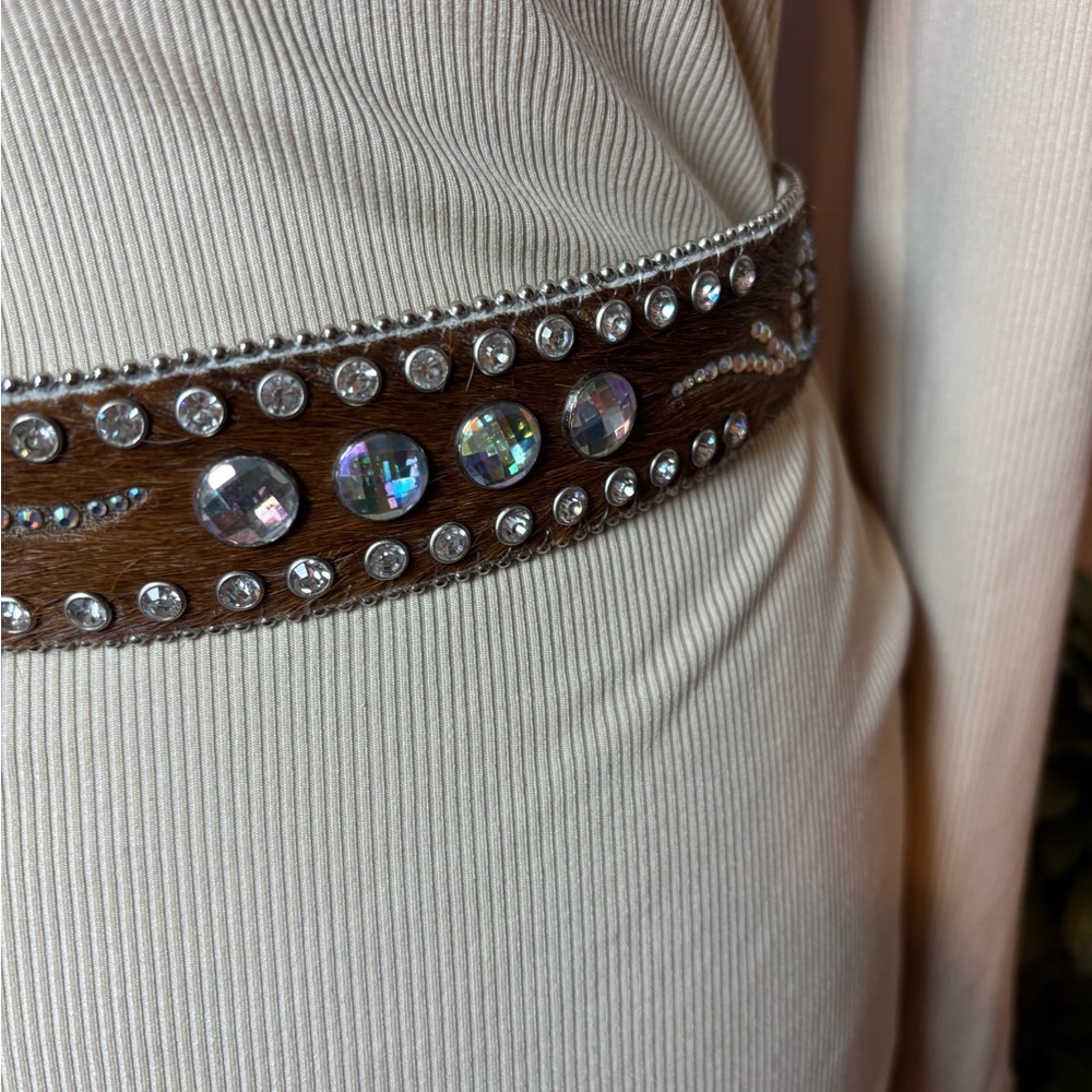 Nocona Genuine Leather Calf Hair on Hide Rhinestone Belt Rodeo Western Bling - Picture 12 of 16